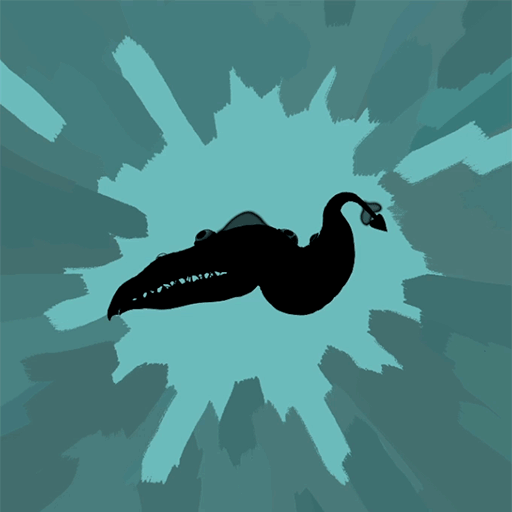 Silhouette of a floating creature with a large, sharp-toothed maw and a wriggling tail.