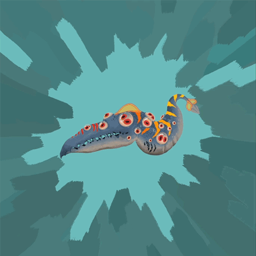 A giant, wriggling, eel-like creature with many eyes and sharp teeth.