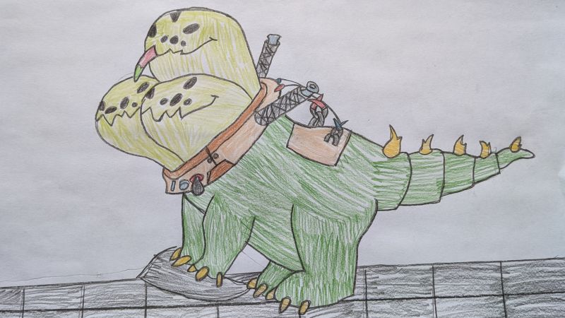 Traditional drawing of the Test Subject with crayon or colored pencil on paper.