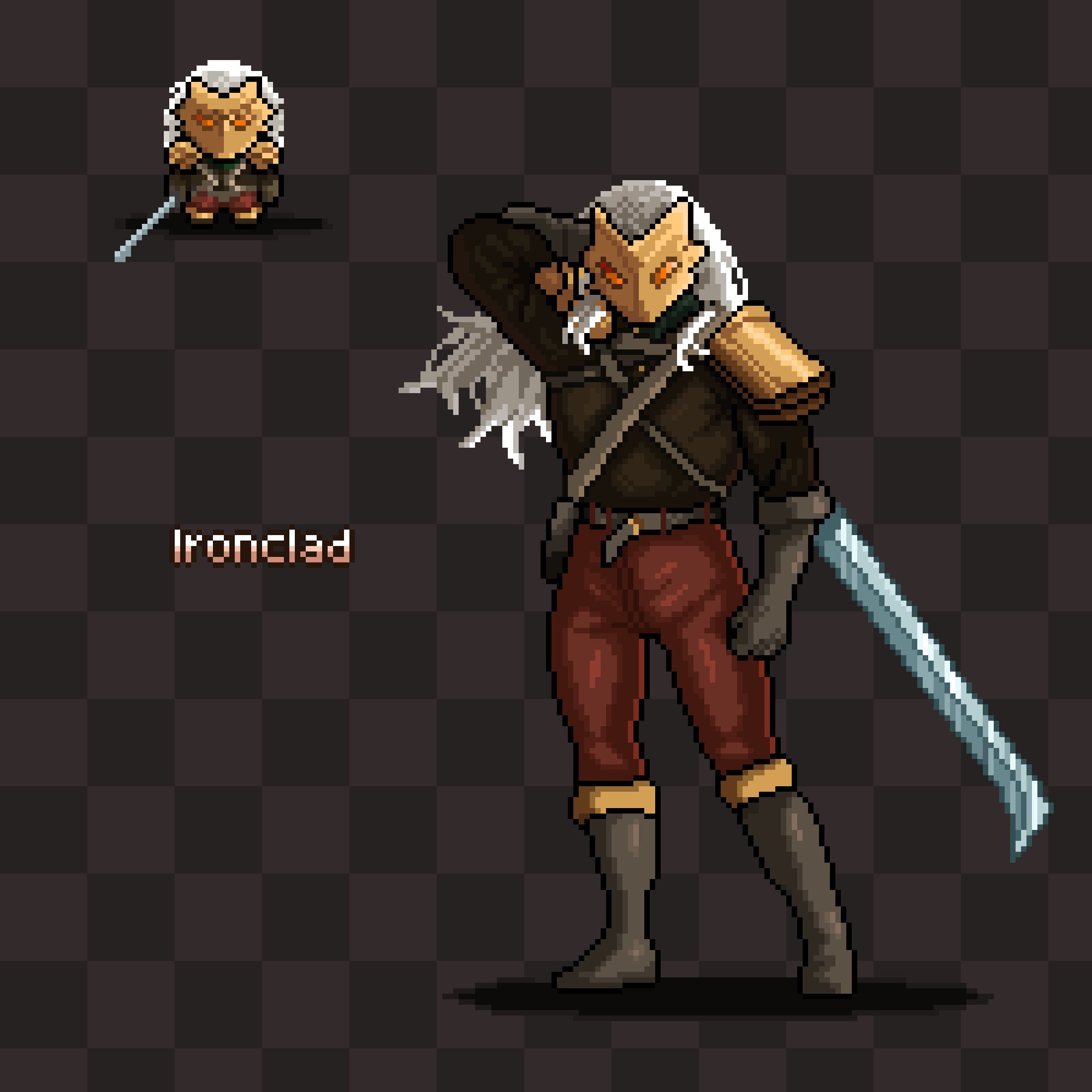 A pixel illustration of Ironclad and a smaller sprite version.