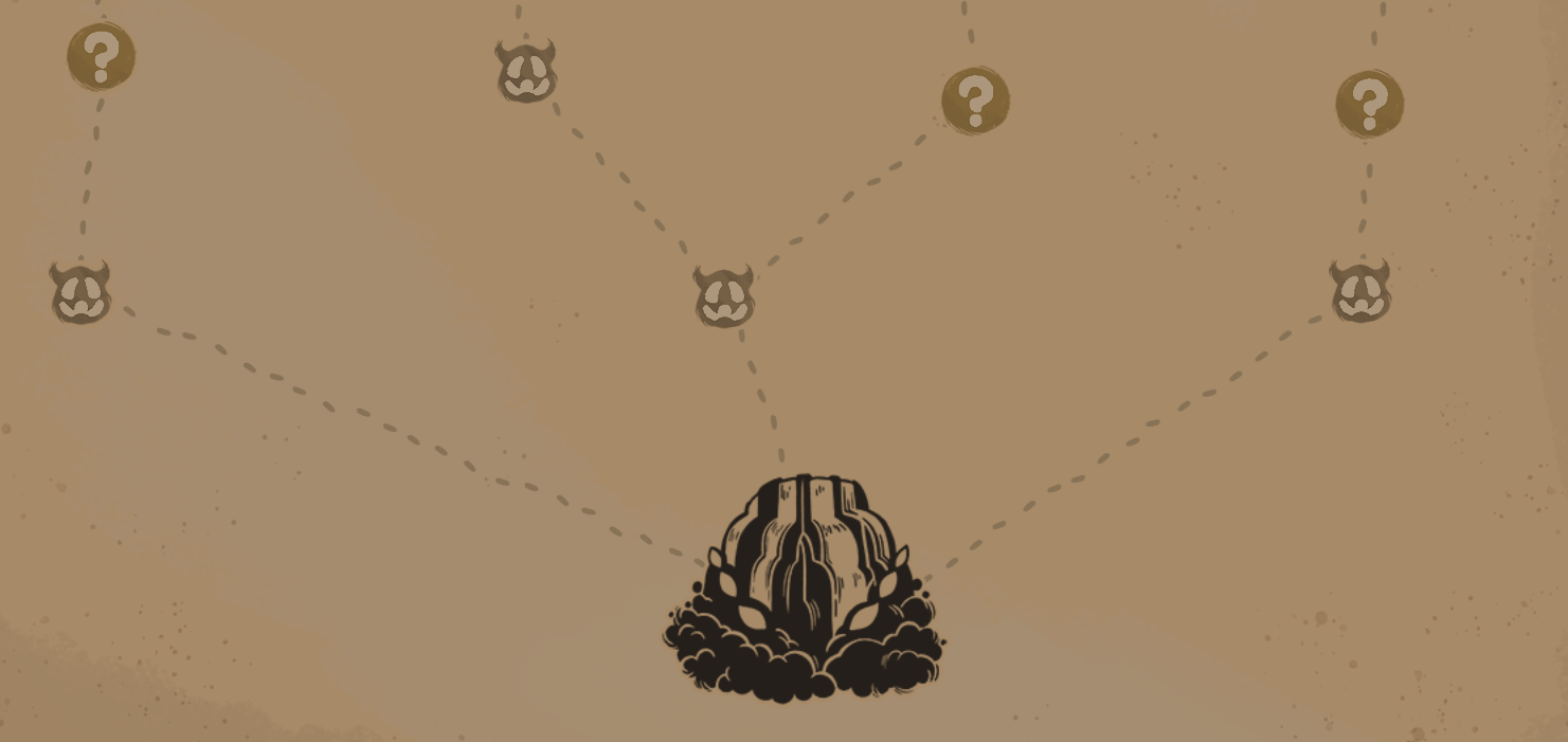 A screenshot of the lowest part of the Slay the Spire 2 map, the first node that branches into the Act&rsquo;s pathways being an illustration of a whale with waterfalls covering it, representing Neow the Ancient.