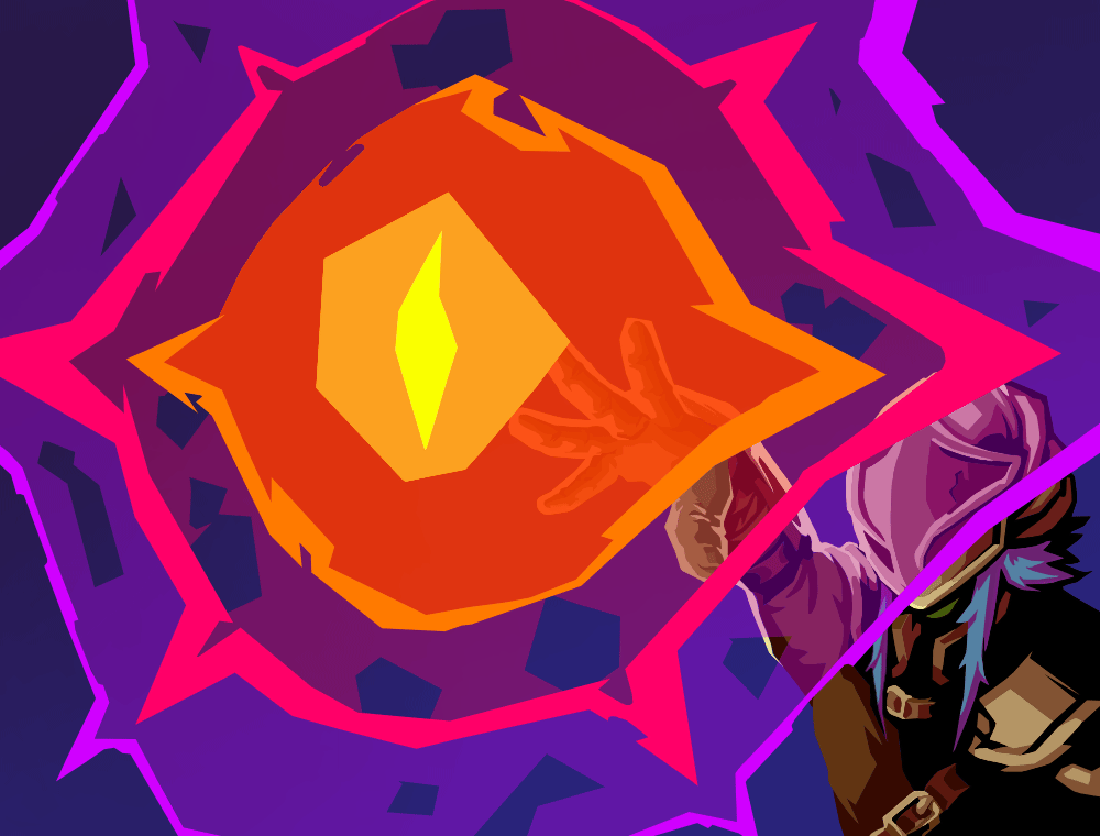 An animated version of the Evil Eye card art with the Ironclad forming an eye shaped translucent shield, its pupil darting around and blocking bolts of energy from hitting him.