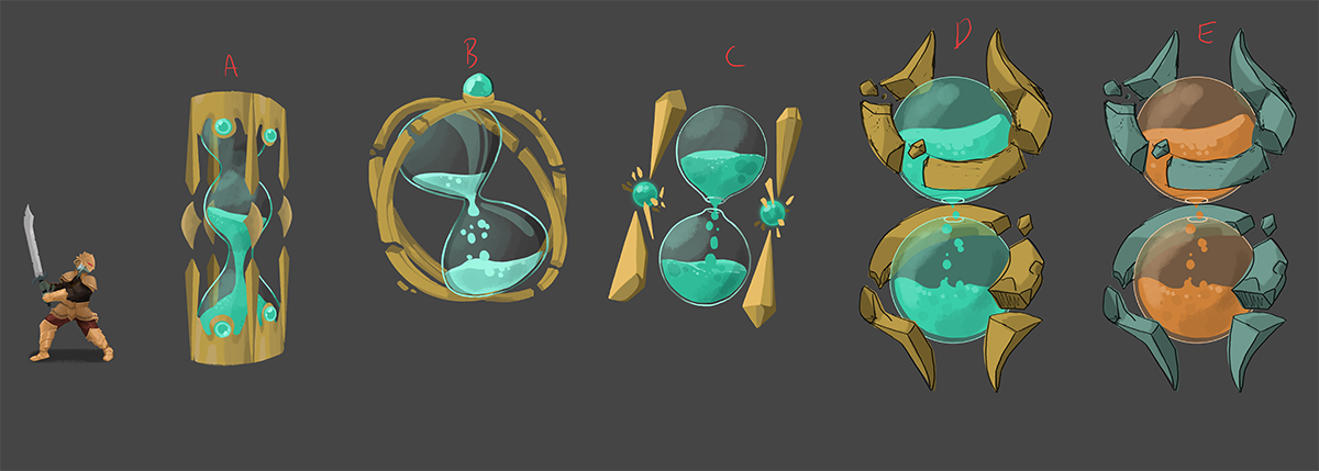 Concepts for Aeonglass, all hourglasses with different shapes and elements, with Ironclad for scale.