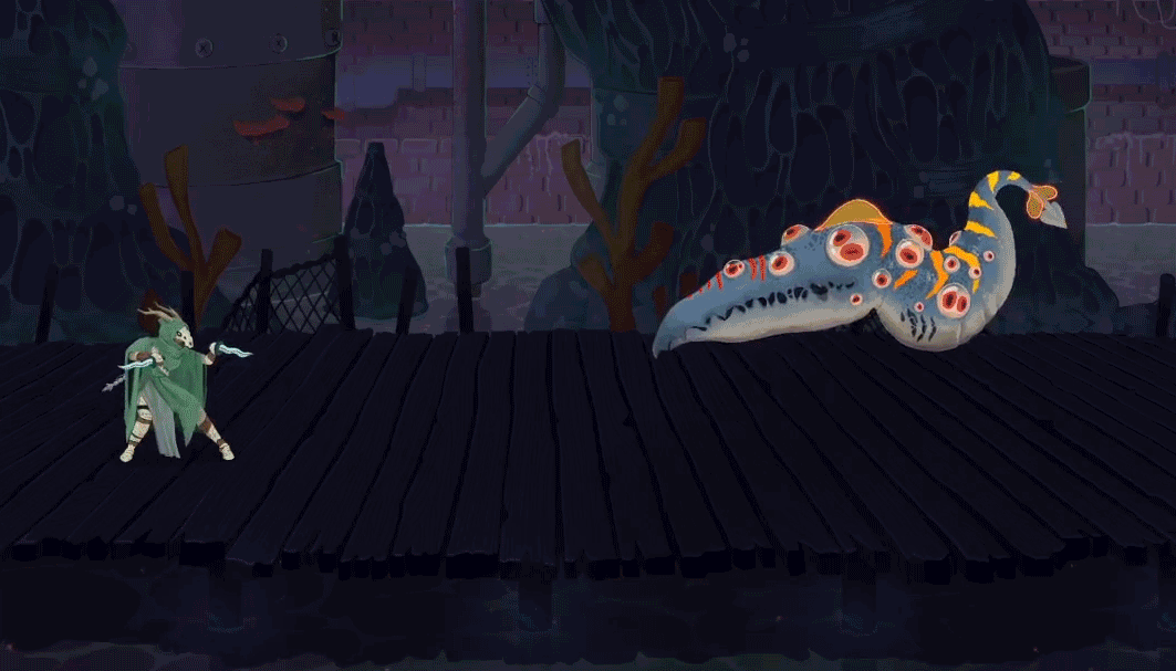 A rickety dock in a watery underground passageway, with the Silent facing off against a giant eel monster with many eyes.