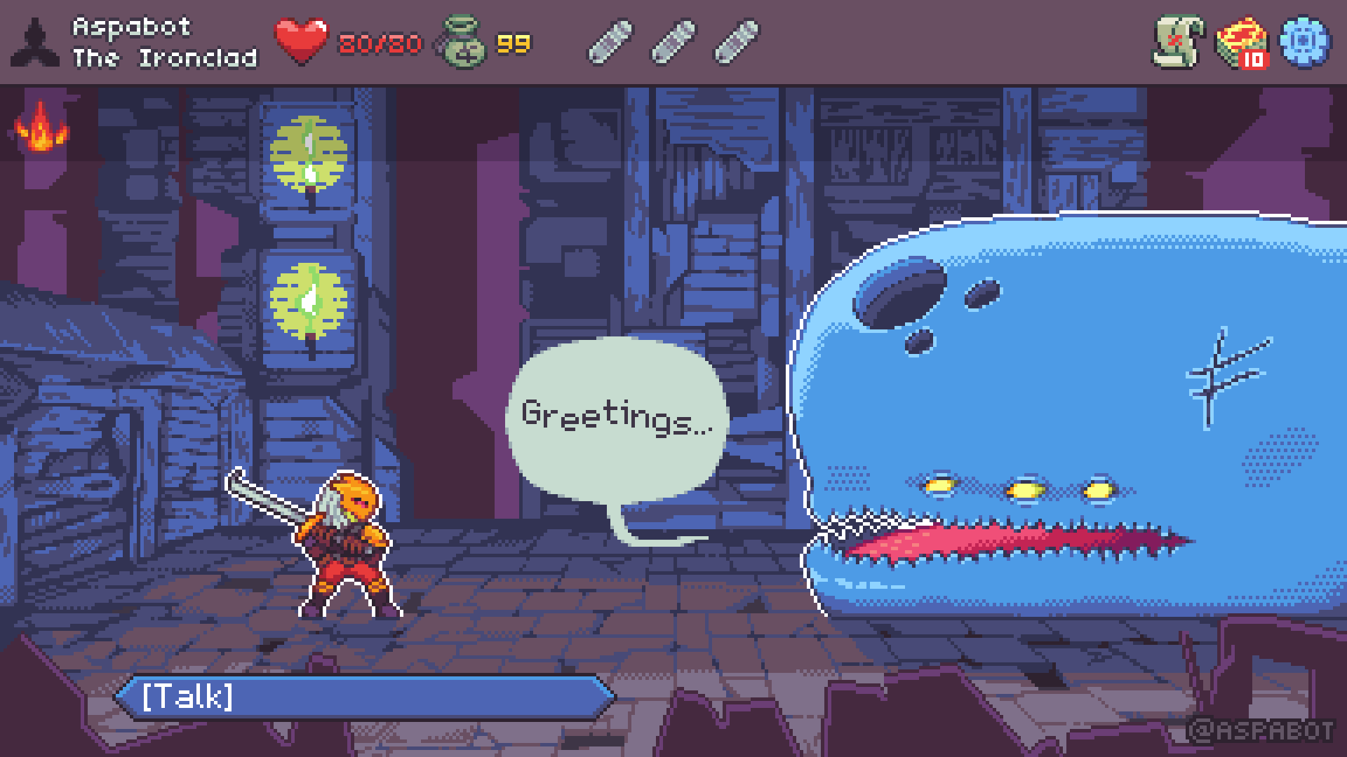 Pixel art of The Ironclad in Neow&rsquo;s starting room complete with the Slay the Spire UI