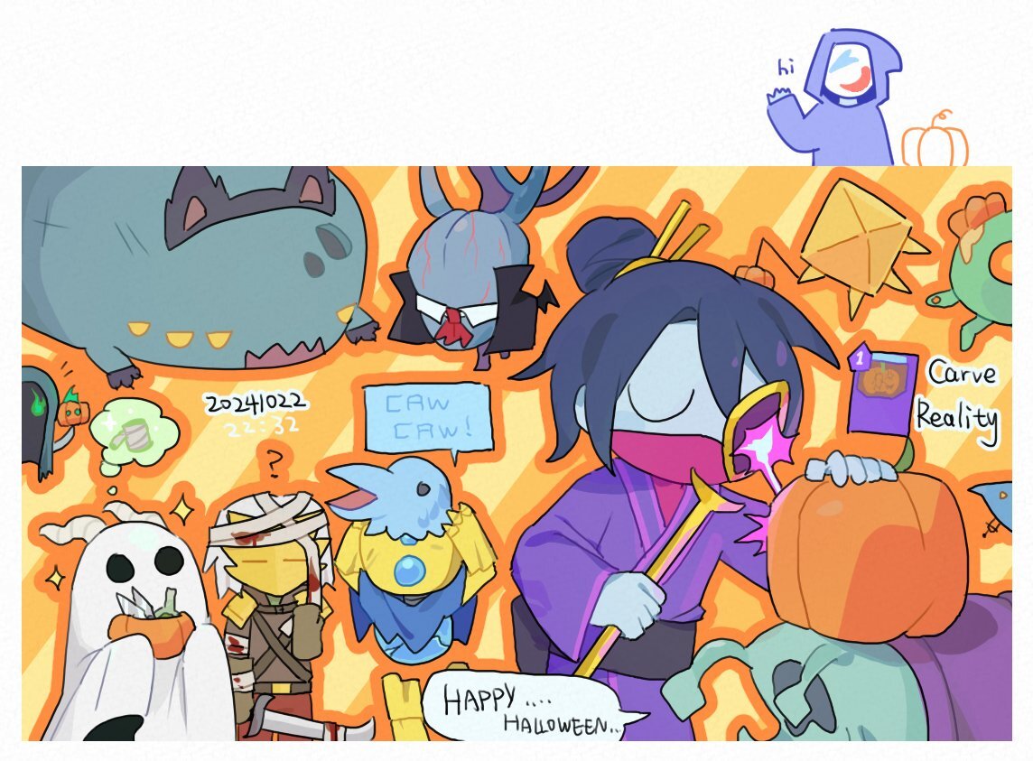 An illustration in a cute, cel-shaded style featuring StS characters in Halloween costumes; Neow as a cat or werewolf, the Corrupt Heart as a vampire, The Silent in a sheet-ghost reminiscent of her Wraith Form beta art, The Ironclad as a mummy or patient, and The Defect as a Cultist. The Collector, Donu, and Deca are on the side holding pumpkins, the Merchant waves in the top corner saying hi, and The Watcher is using the Carve Reality card to carve a pumpkin with her scepter on top of the Time Eater&rsquo;s head who is saying HAPPY&hellip;. HALLOWEEN&hellip;