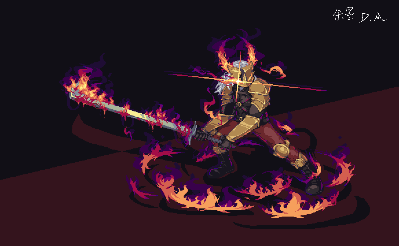 Pixel art of Ironclad enveloped in flames in his Demon Form, eye gleaming through his mask.