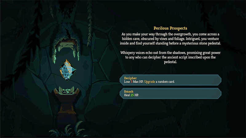 A new event called Perilous Prospects, involving a floating shard on a pedestal depicting ancient script. The options are Decipher: Lose 3Max HP, Upgrade a random card, and Smash: Heal 25 HP.