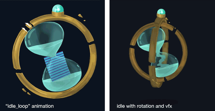 Aeonglass idle loop animation without rotating rings and with a placeholder for the flowing sand vs an idle loop animation with the rotating rings and flowing sand inside.