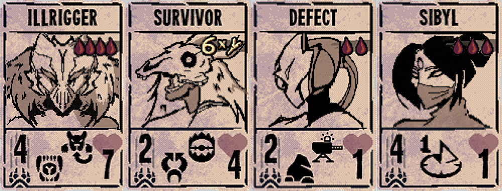 Illustrations of all four StS1 characters in Inscryption&rsquo;s card style.