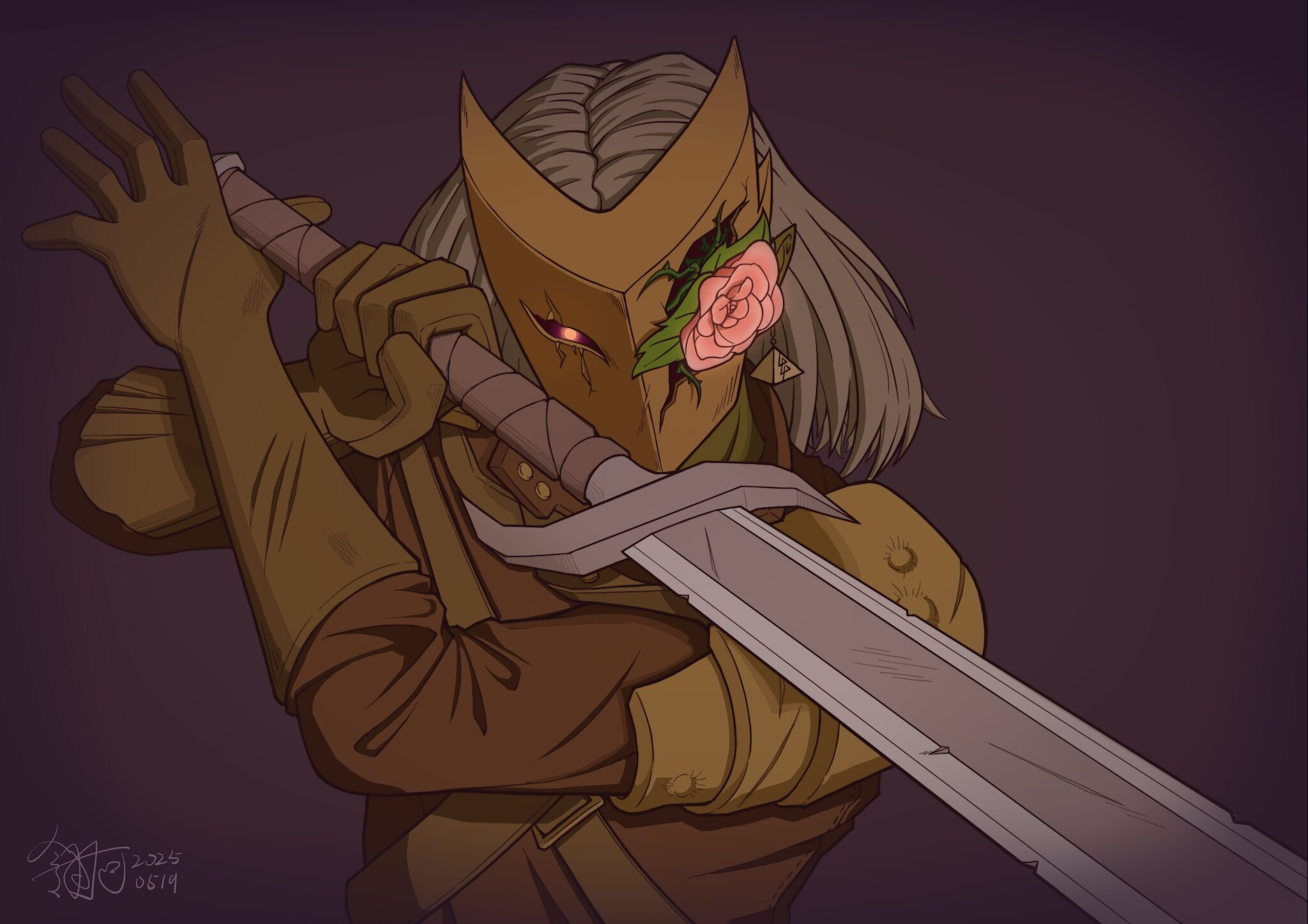 An illustration of Ironclad wielding his sword in a defensive stance, a flower blooming through one of his mask&rsquo;s eyes.