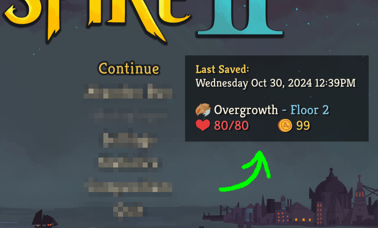 A screenshot of Slay the Spire 2&rsquo;s Run info panel, featuring the date and time the run was last saved, the character, Act, floor, HP, and Gold. All options other than Continue on the main menu are blurred.