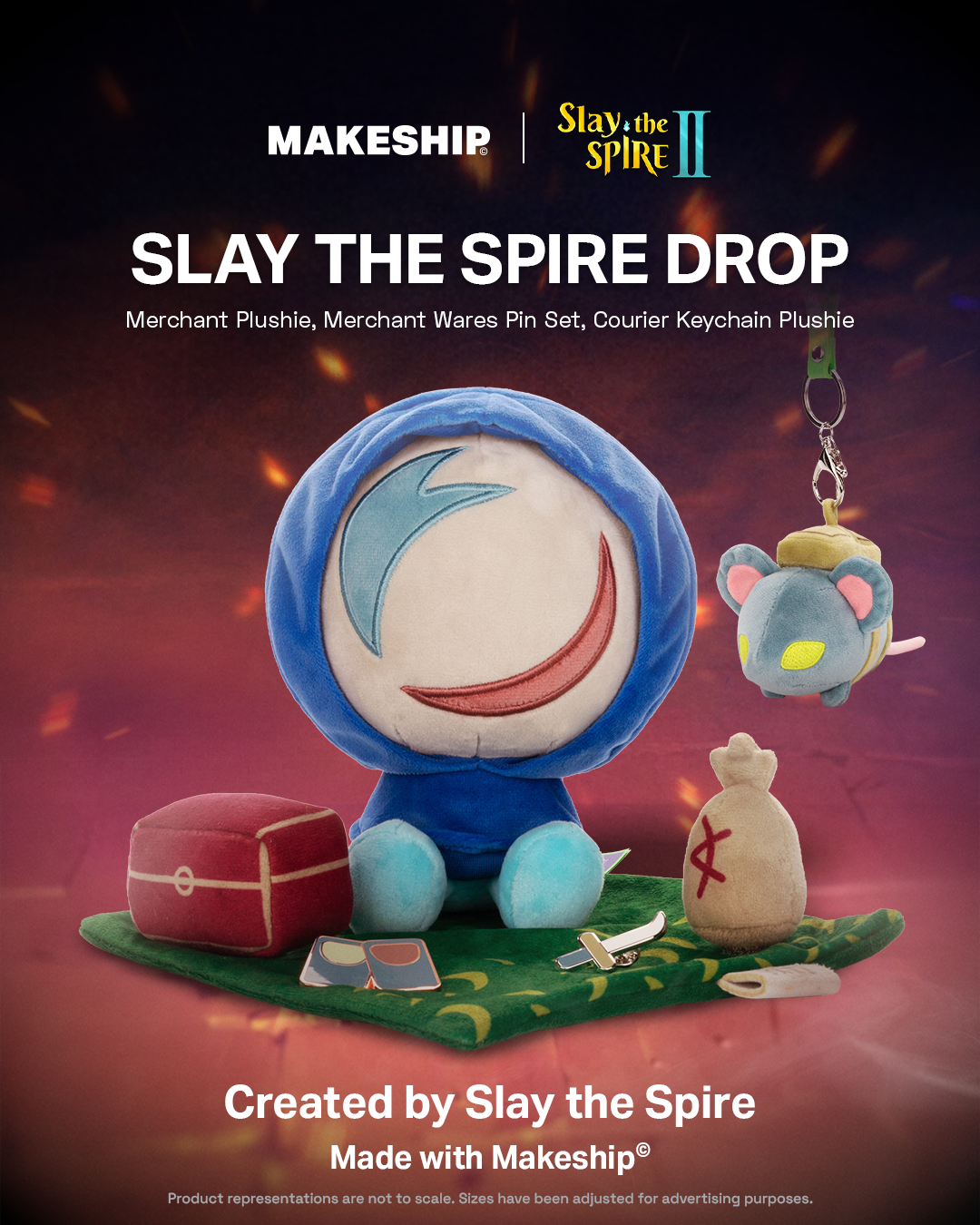 Makeship Merchant plushie on his plush rug with treasure chest and gold bag accessories attached along with pins of cards and a dagger, a plush keychain of the Courier dangles next to him.