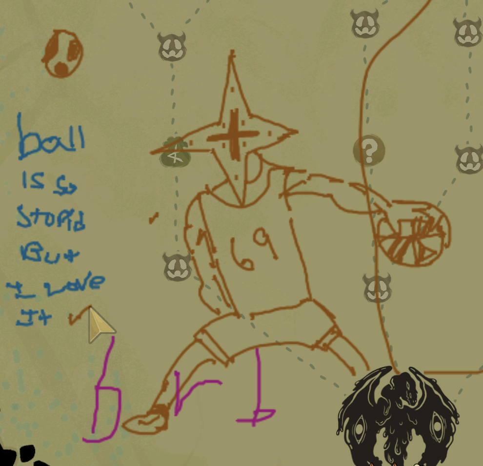 Map drawing of the Regent in a basketball uniform with the number 69 on it, playing basketball, with text reading “ball is so stupid but I love it.”