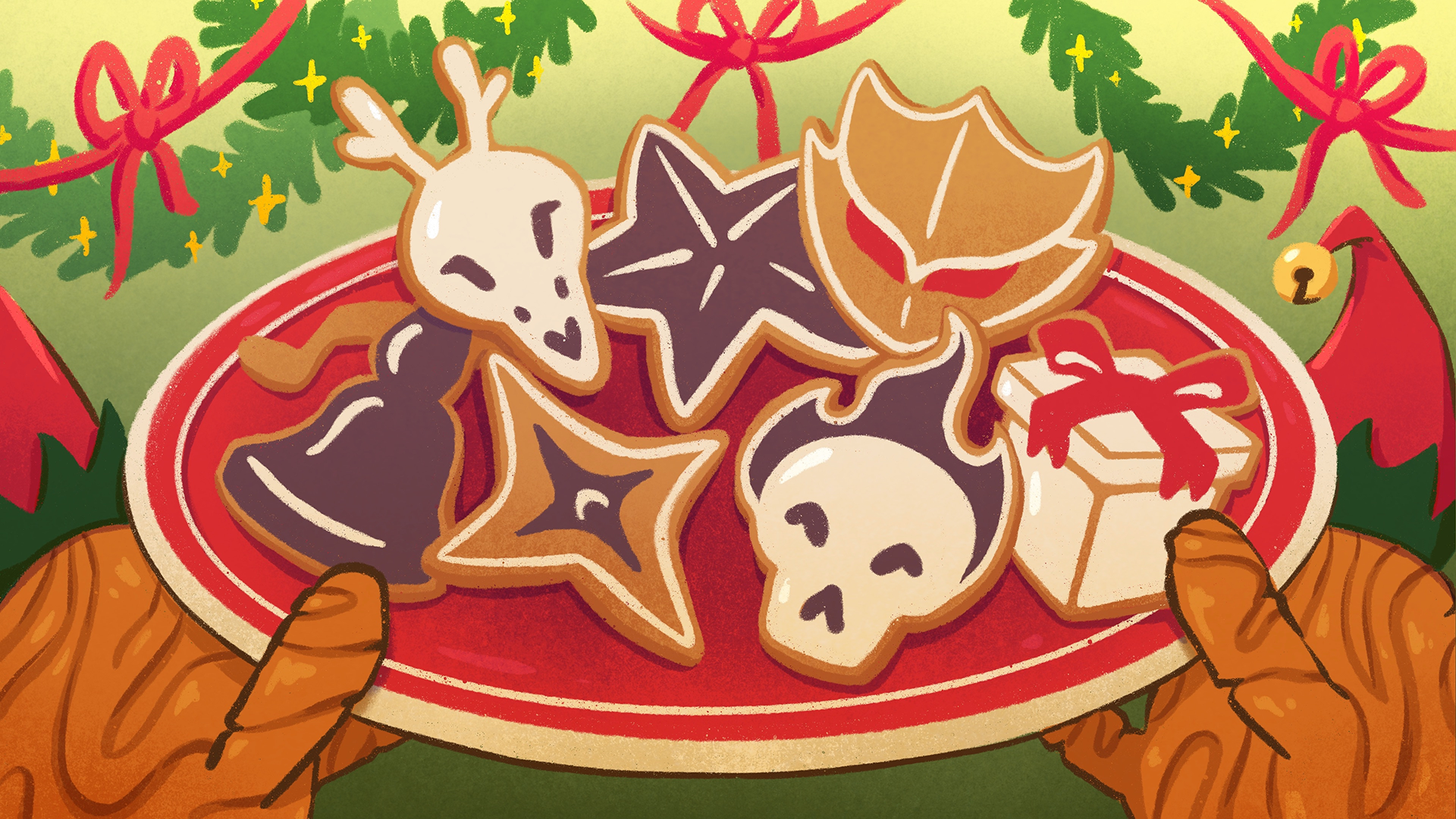 Art of the Regent&rsquo;s minions in elf hats holding up a plate of StS-themed Christmas cookies, with garlands and ribbon hanging in the background.