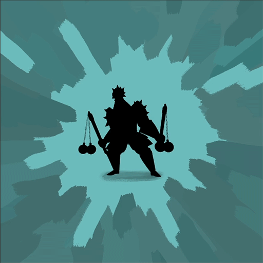 A mysterious silhouette of a bipedal enemy with spikes coming from its head and shoulders, and holding two multi-balled flail-like objects in each hand.