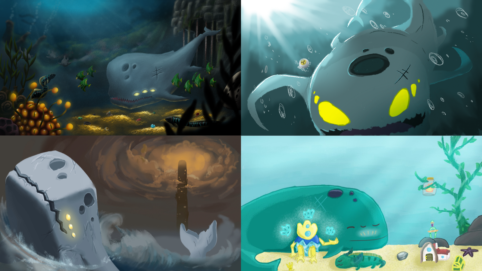 A series of cover image submissions featuring Neow underwater.