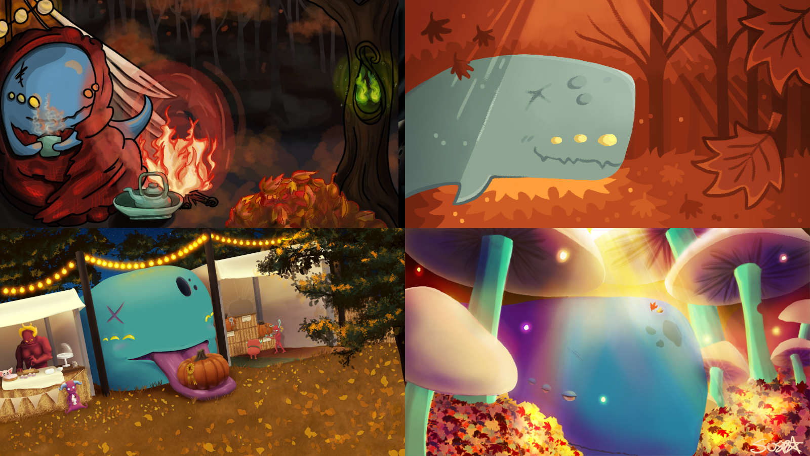 A collage of four more September cover entries, all featuring Neow in an autumnal forest.
