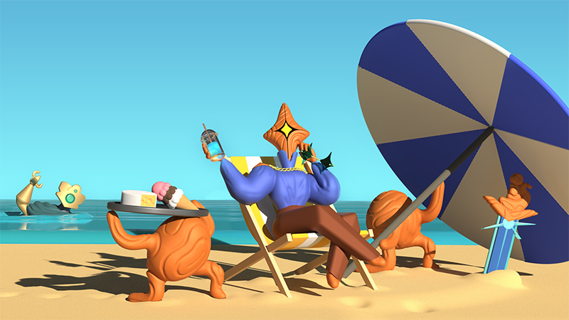 3D modeled art of the Regent basking in the sun on a beach, being fed Chosen Cheese and Ice Cream relics by one minion while another minion holds an umbrella; the Defect waves from the ocean in the background.