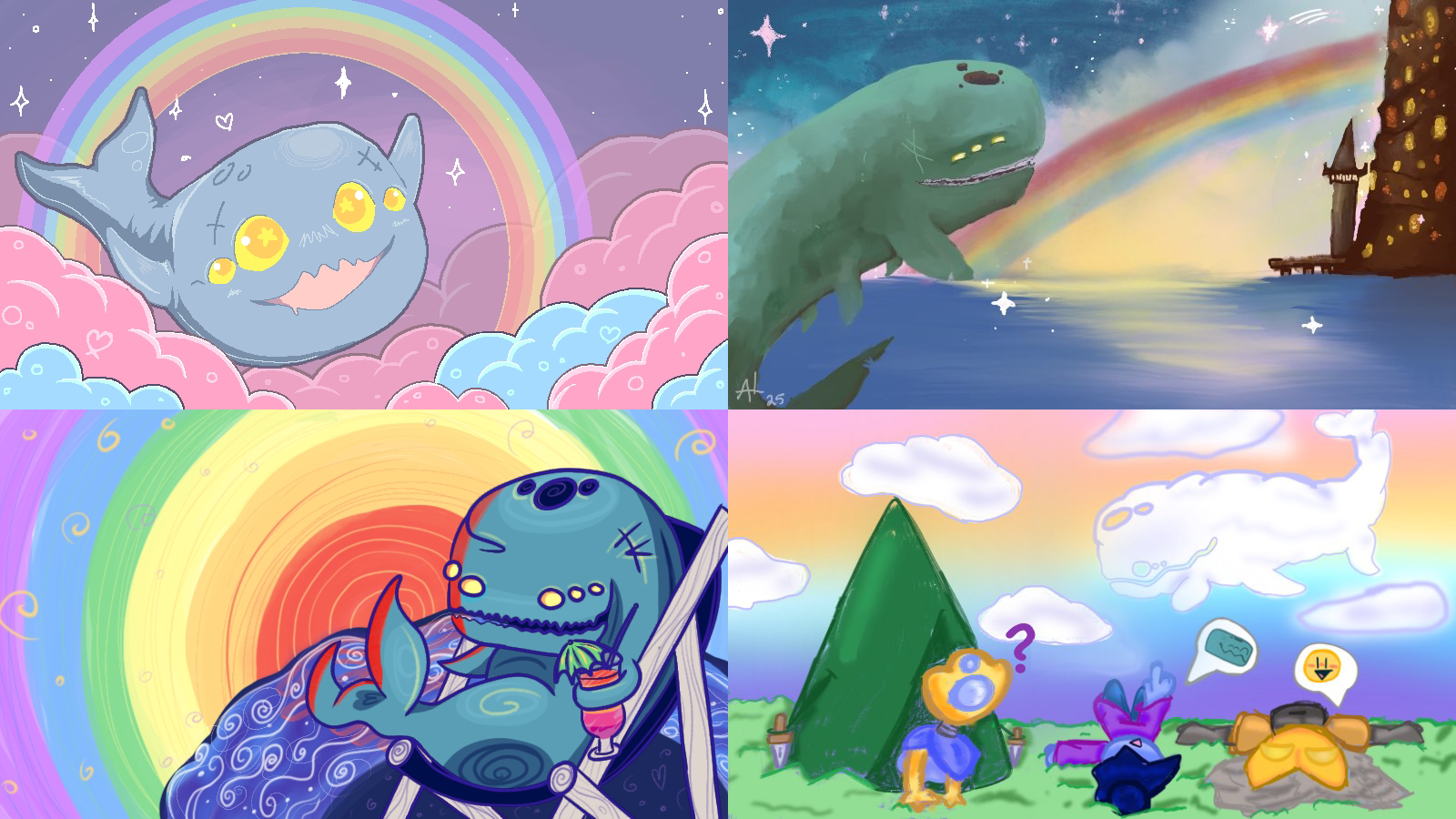 A collage of banner image submissions featuring Neow and rainbows.