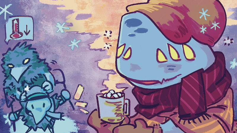 An illustration of Neow bundled up in winter clothes with a mug of hot chocolate, with the Awakened One and a Cultist next to her in the cold.