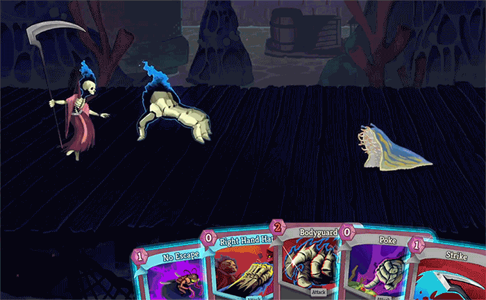 A gif of the Necrobinder, a skeletal lich in pink robes, with her giant left hand companion Osty, who uses a card called Poke to attack a slug-like enemy.
