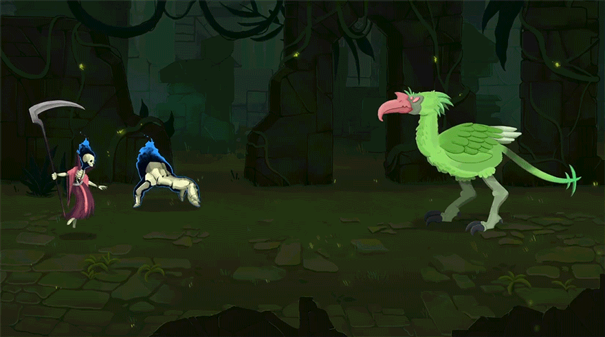A gif of an overgrown ruin in a jungle with the Necrobinder and Osty facing off against a giant green birdlike monster.