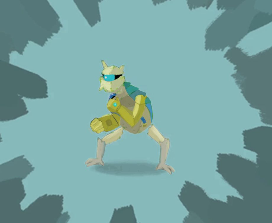 An image of a metal automaton with a blue orb eye glowing from inside its helmet.