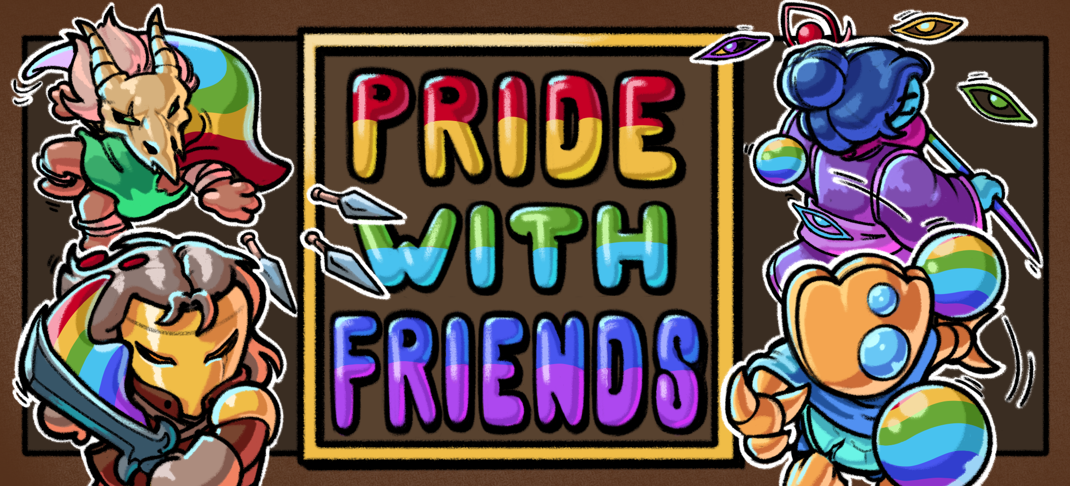 An event banner with rainbowy text saying Pride With Friends, surrounded by the 4 StS1 characters illustrated in a cute, rainbowy style.