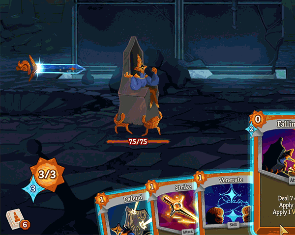 An aloof, orange-colored alien with a diamond/star-shaped head that has a singular yellow eye in the center, sitting on a large stone throne that&rsquo;s being carried by tiny orange minions while attacking with a floating, cosmic sword.