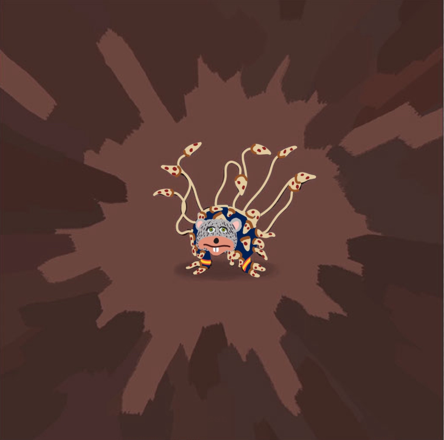 An illustrated mystery monster guess featuring Chuck E. Cheese with pizza slices on the end of the tendrils.