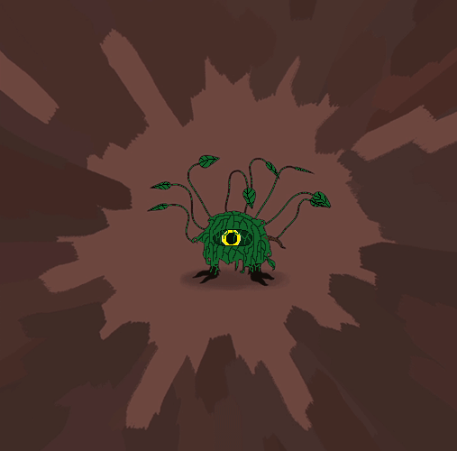 An illustrated mystery monster guess featuring a green seaweedy creature with a singular eye.