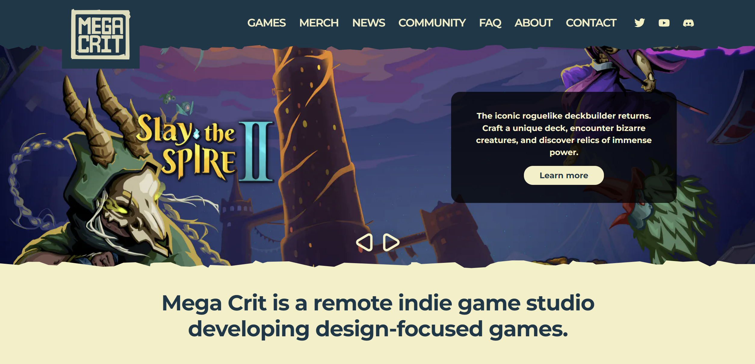 A screenshot of Mega Crit&rsquo;s website&rsquo;s home page, with Slay the Spire 2 featured in the carousel above text that says Mega Crit is a remote indie game studio developing design-focused games.