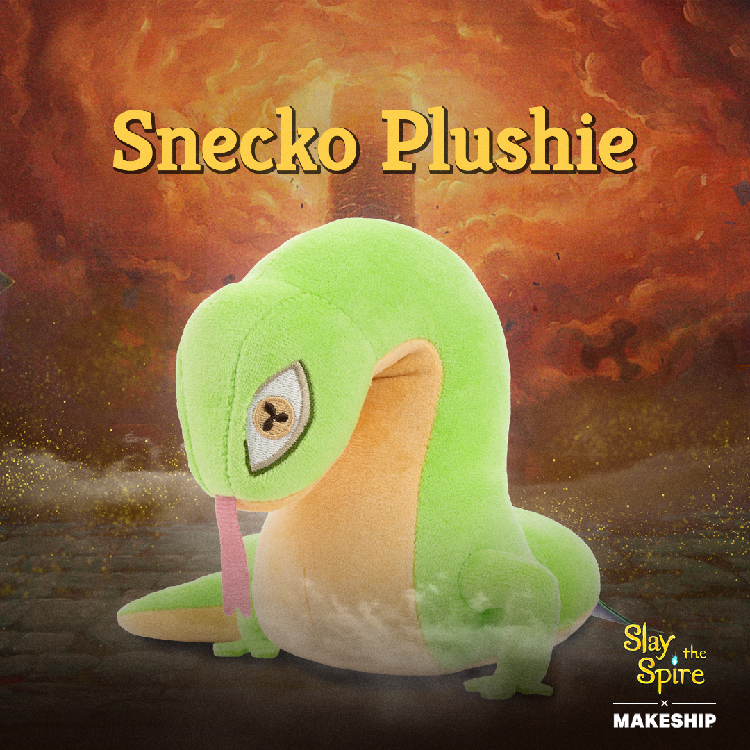 A cute, chonky plushie of Snecko from Slay the Spire, with the Spire in the background and faint, transparent Snecko Eyes on either side of it.