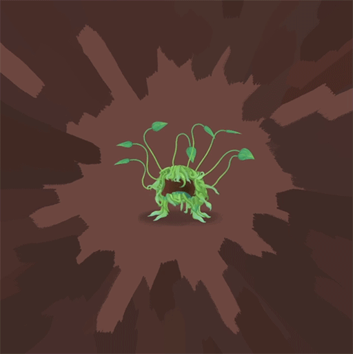 A green seaweedy creature with wiggling vine-like tendrils and a large gaping mouth as its only facial feature.