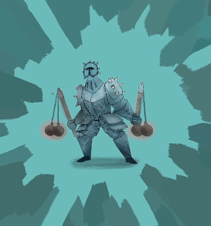 A guess that depicts a spiky, silver, metal knight with 2 flails.