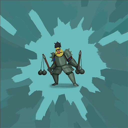 A guess that depicts a metal knight with 2 flails but with Bert from Sesame Street&rsquo;s head.