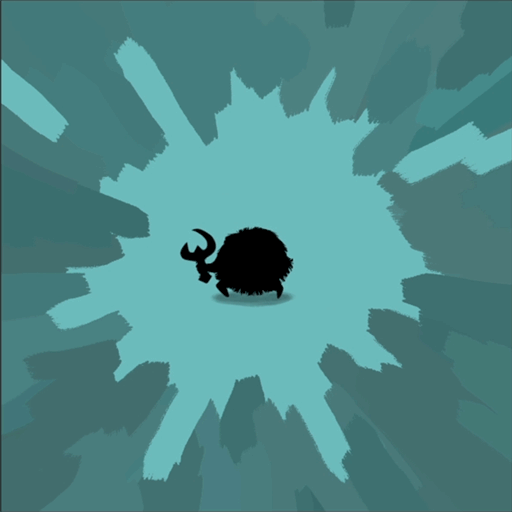 A small, round silhouette holding a tool in each hand and bouncing back and forth on its two short legs.