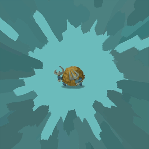 A gif of a small, round haystack-like creature bouncing and waving its farm tool weapons back and forth.