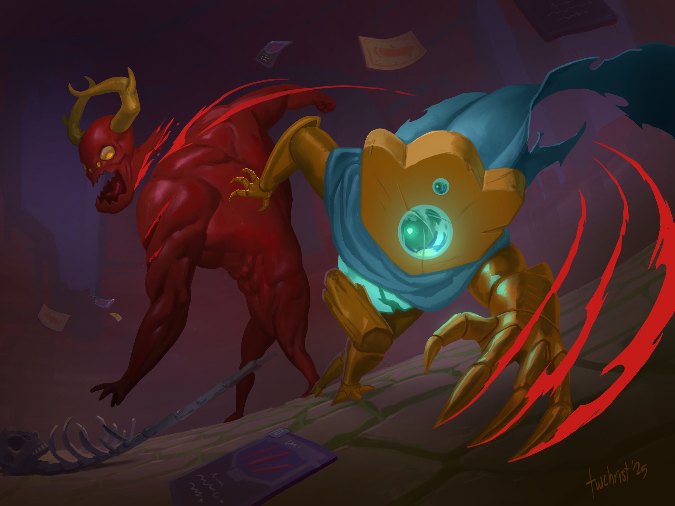 A painterly illustration of the Defect clawing Gremlin Nob&rsquo;s head clean off.