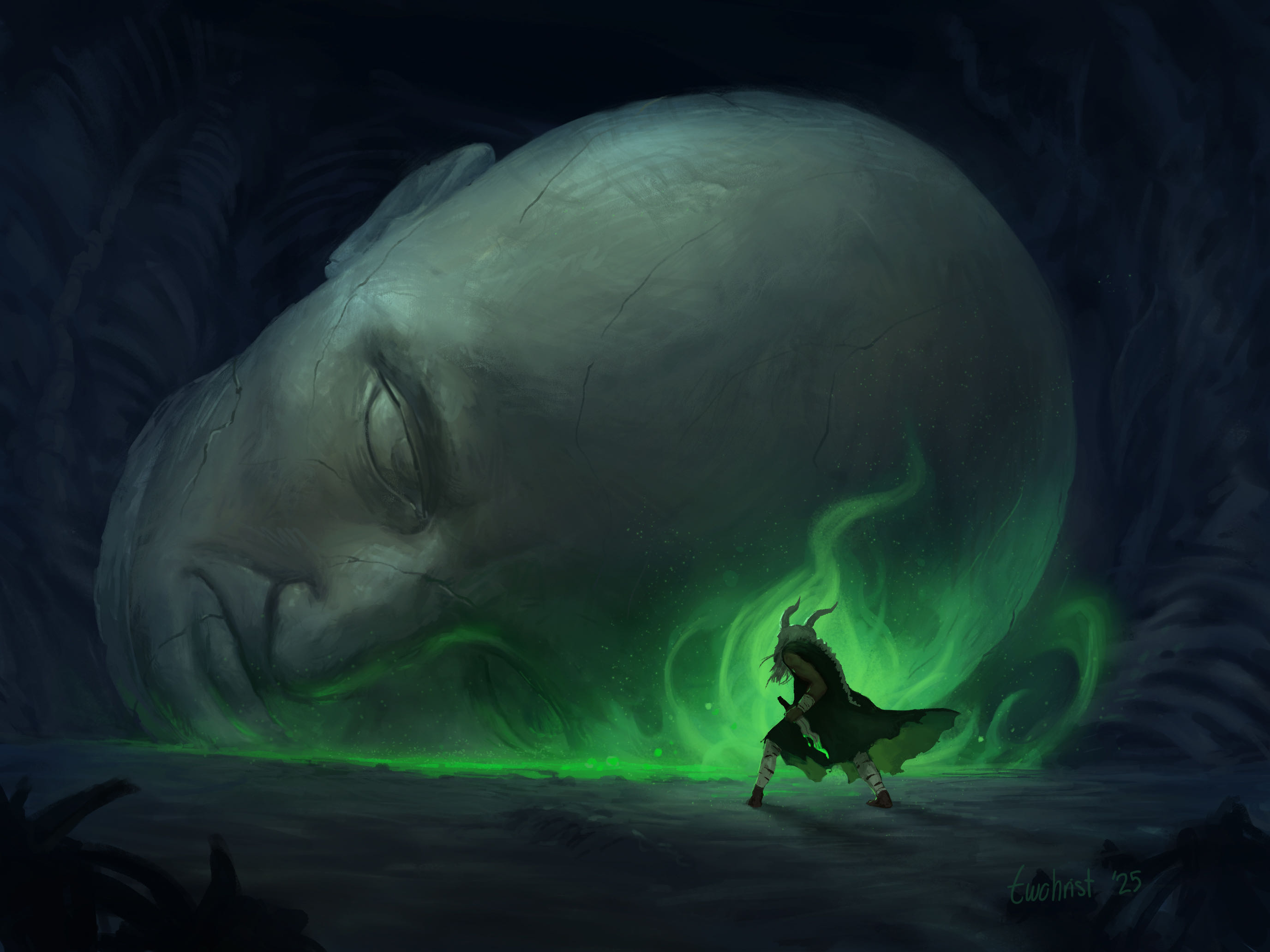 An illustration of the Silent facing off against Giant Head in a combat-ready stance, poison clouds glowing around her.