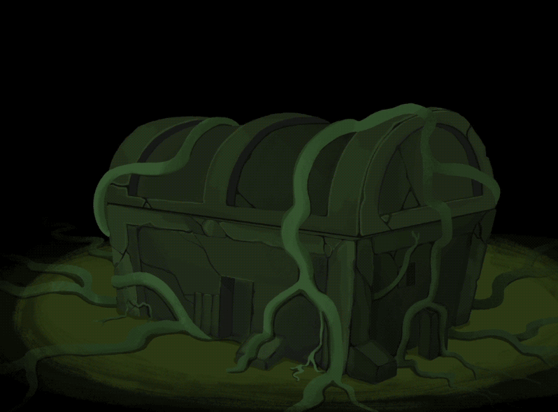 A gif of a treasure chest with coins and a relic popping out