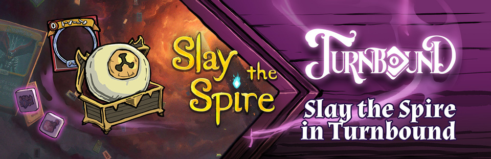 Key art of Turnbound and Slay the Spire, with an image of Turnbound&rsquo;s version of the Snecko Eye relic and a card-frame cosmetic.