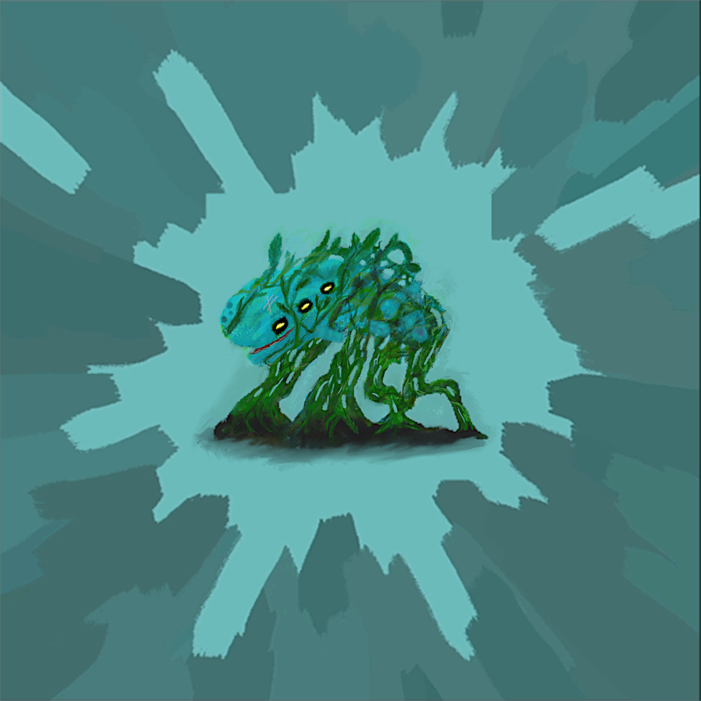 An illustration of Neow caught in vines.